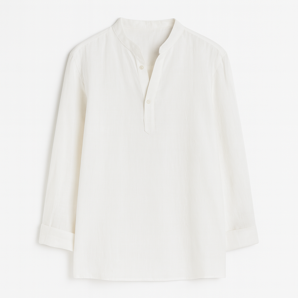 Lightweight long-sleeve shirt with a band collar, partial button placket, and relaxed fit.