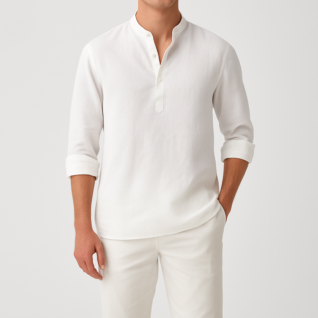 Lightweight long-sleeve shirt with a band collar, partial button placket, and relaxed fit.