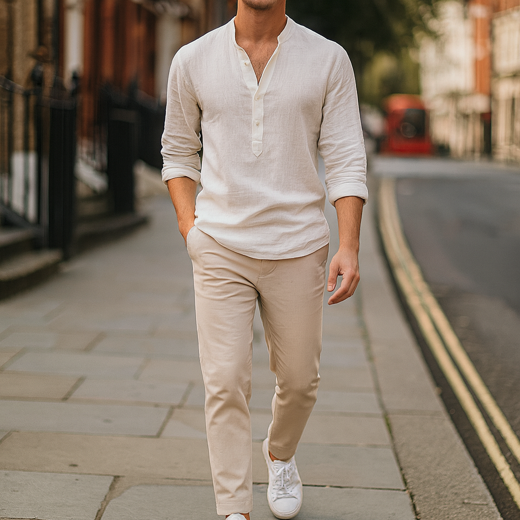 Lightweight long-sleeve shirt with a band collar, partial button placket, and relaxed fit.