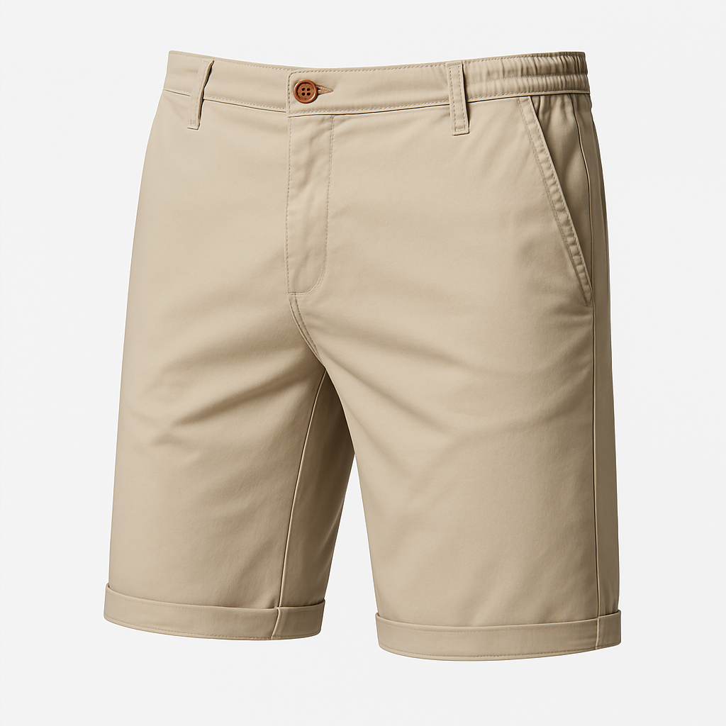 Knee-length chino shorts with a button closure, belt loops, side pockets, and rolled hems.