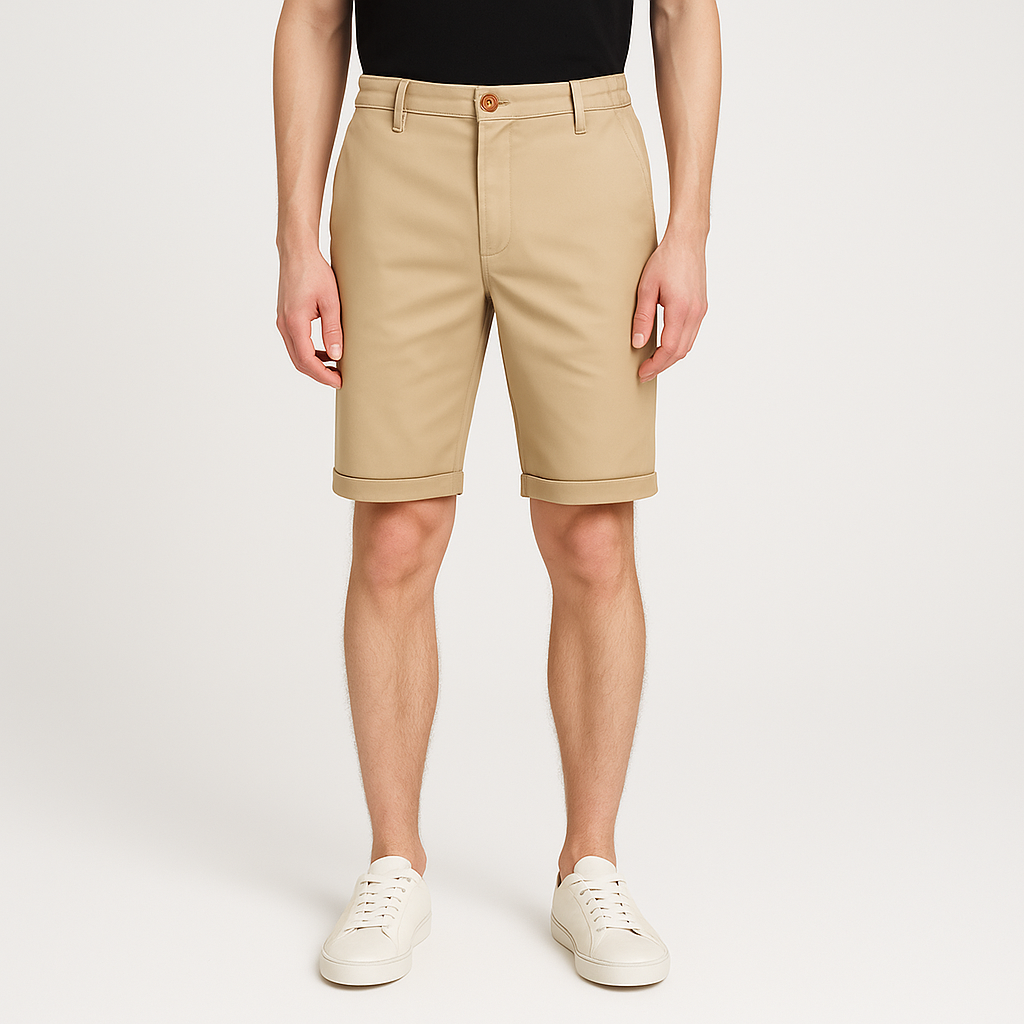 Knee-length chino shorts with a button closure, belt loops, side pockets, and rolled hems.