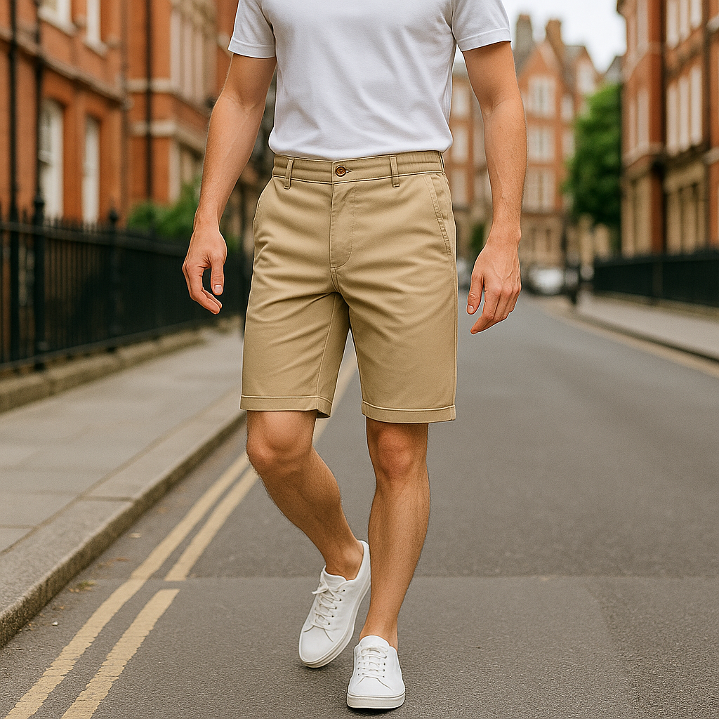 Knee-length chino shorts with a button closure, belt loops, side pockets, and rolled hems.