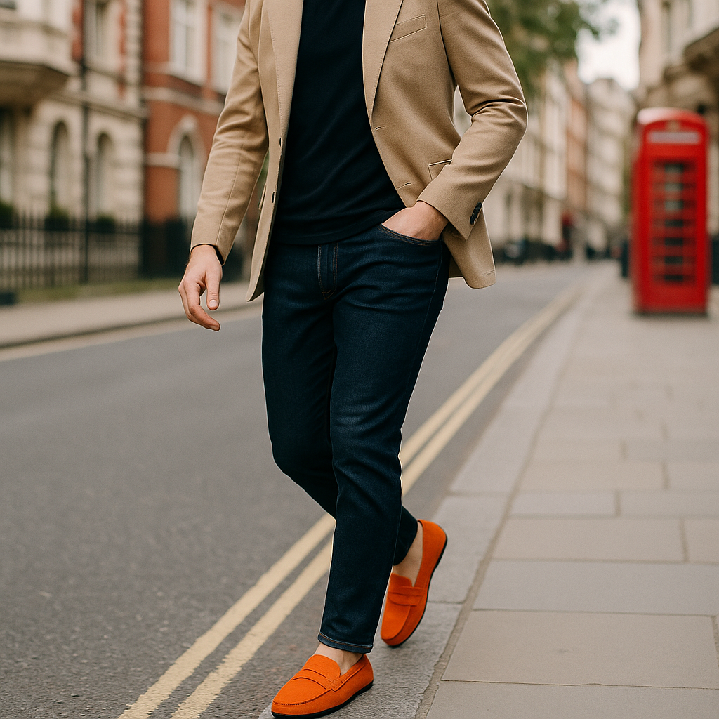 Suede driving loafer with a moccasin toe, penny strap detail, and rubber studded sole.