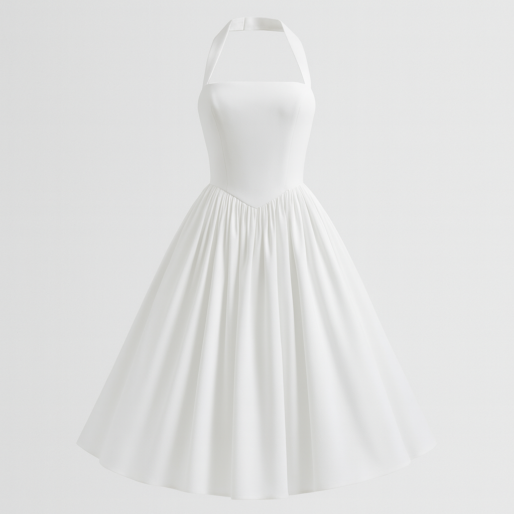 Elegant halter-neck midi dress with a fitted bodice and full flared skirt, creating a classic vintage silhouette.
