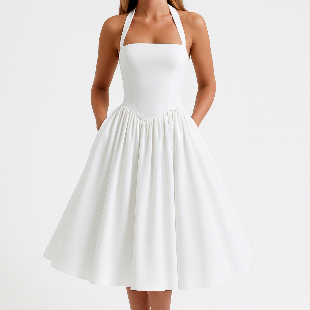 Elegant halter-neck midi dress with a fitted bodice and full flared skirt, creating a classic vintage silhouette.