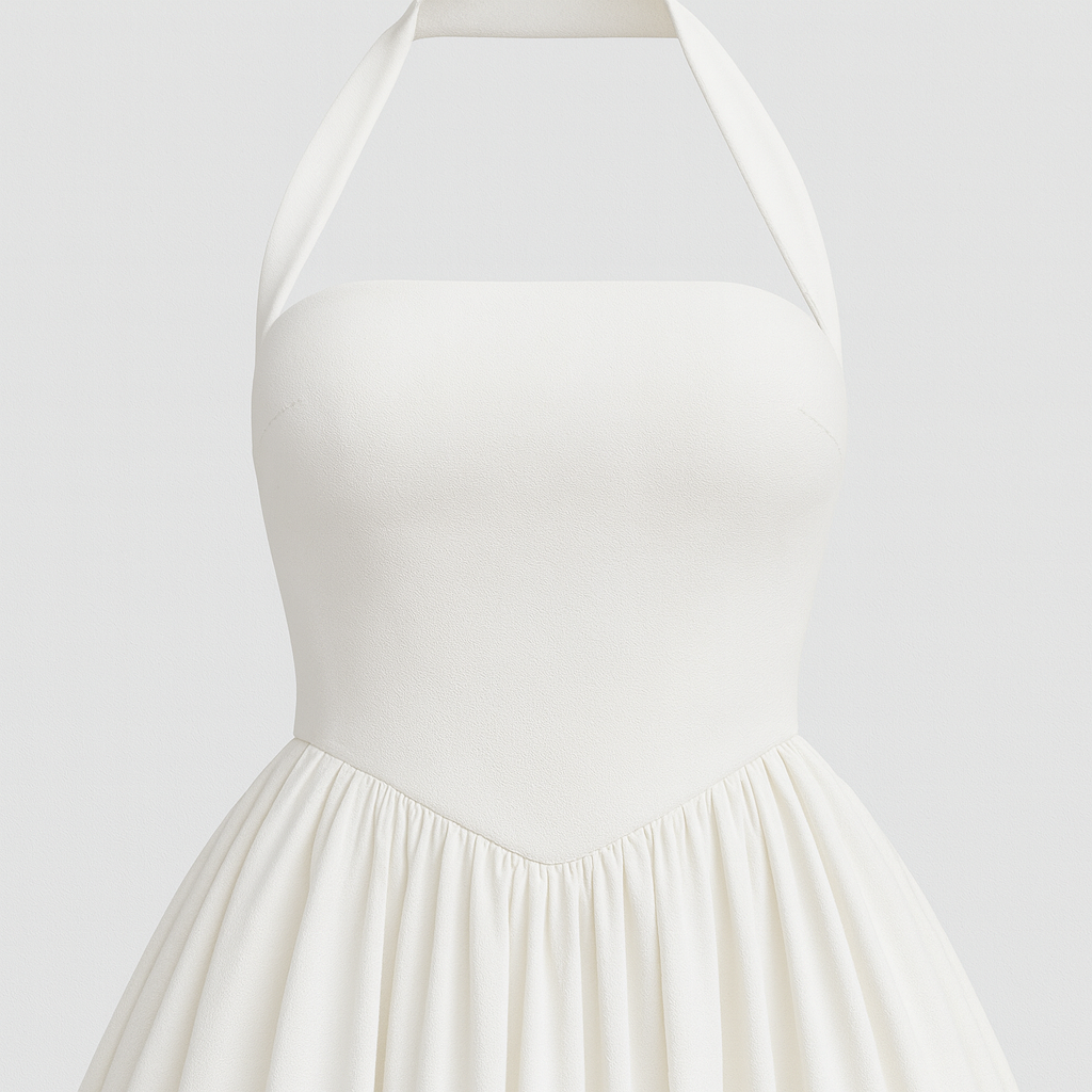 Elegant halter-neck midi dress with a fitted bodice and full flared skirt, creating a classic vintage silhouette.