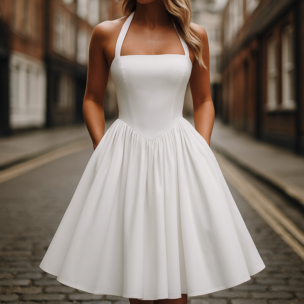 Elegant halter-neck midi dress with a fitted bodice and full flared skirt, creating a classic vintage silhouette.
