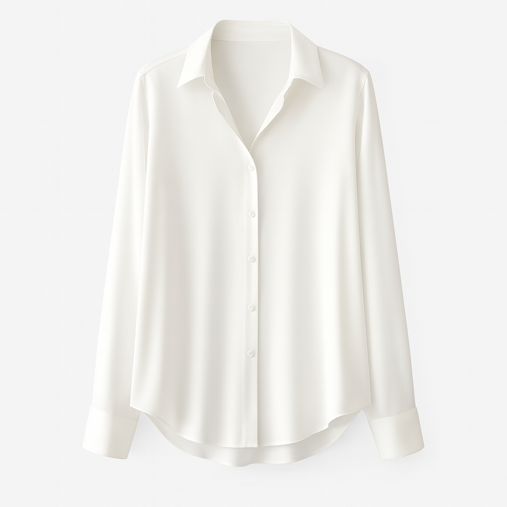 Flowy satin button-up shirt with long sleeves, pointed collar, and relaxed fit.