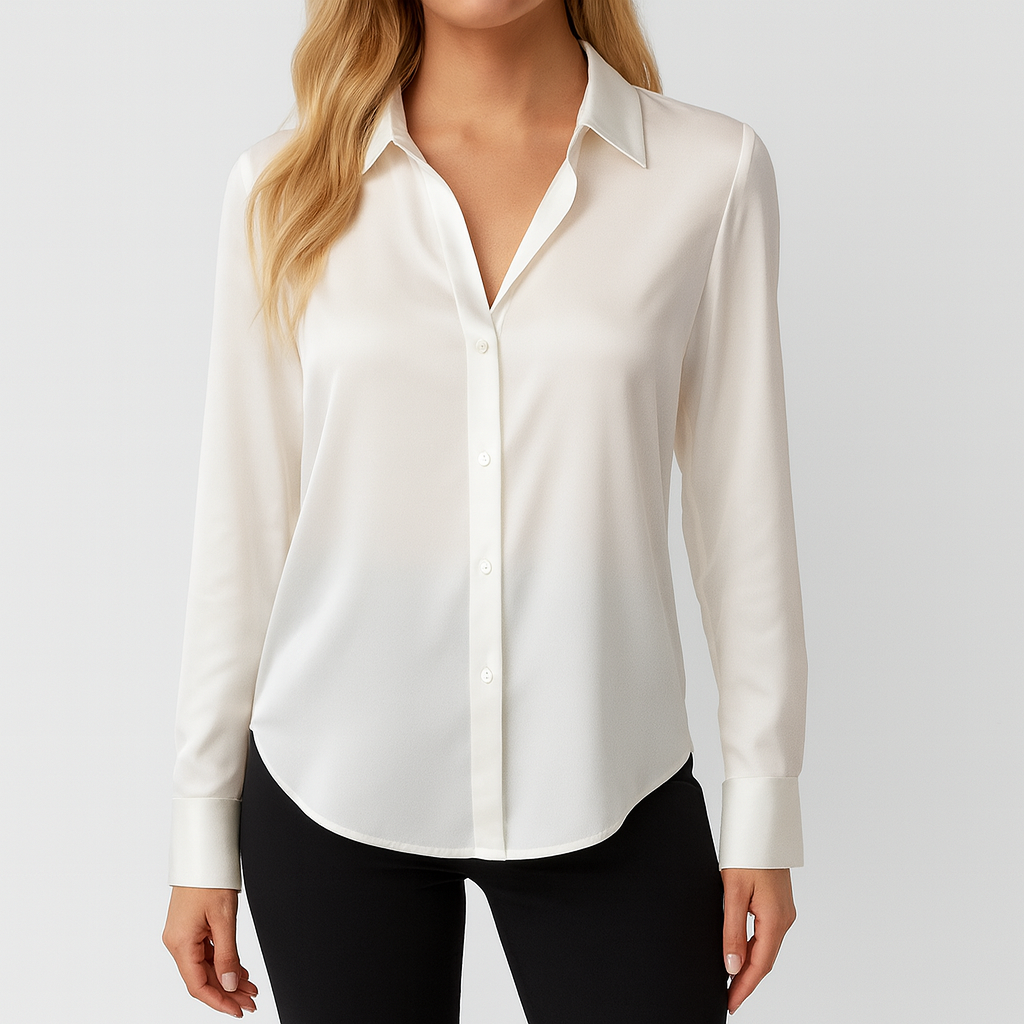 Flowy satin button-up shirt with long sleeves, pointed collar, and relaxed fit.