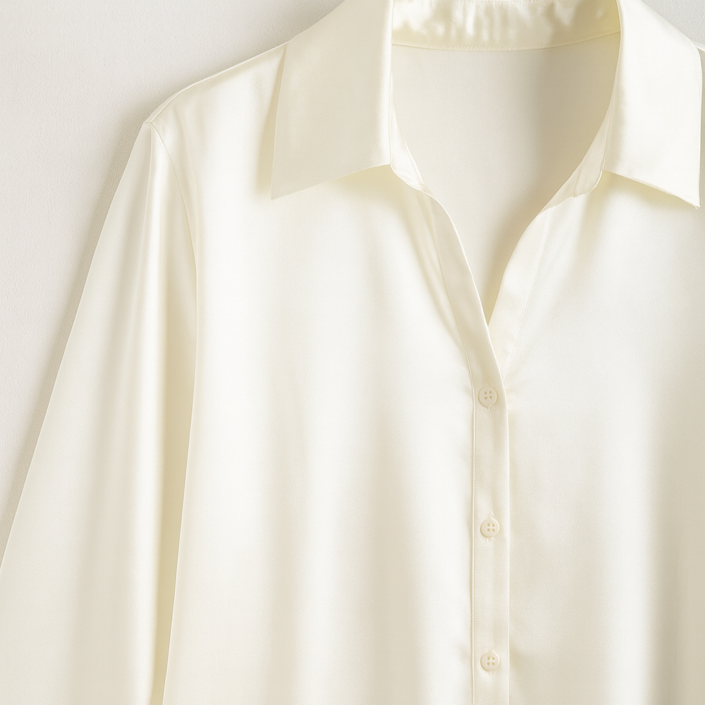 Flowy satin button-up shirt with long sleeves, pointed collar, and relaxed fit.