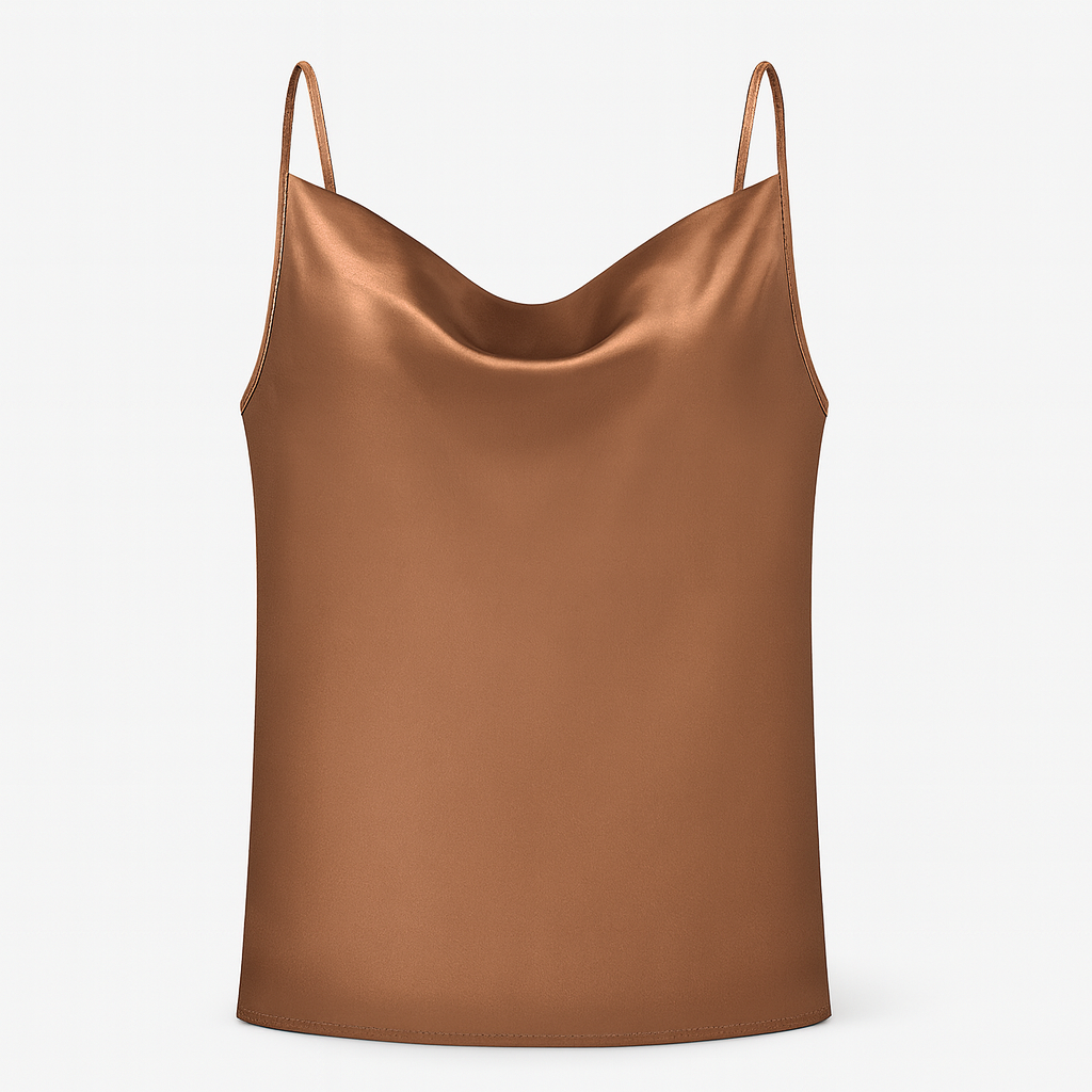 Chic satin camisole featuring a draped cowl neckline and thin adjustable straps.