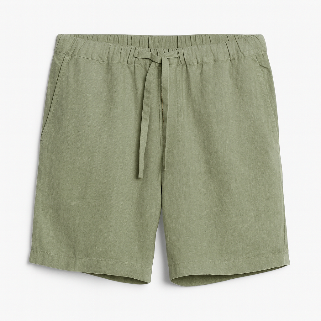 Casual shorts with an elastic waistband, drawstring tie, and side pockets.