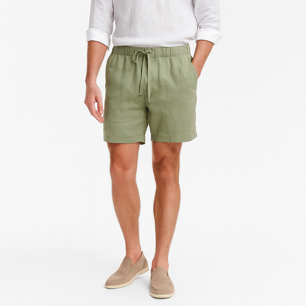 Casual shorts with an elastic waistband, drawstring tie, and side pockets.