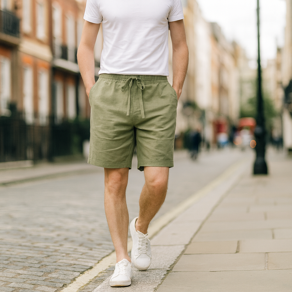 Casual shorts with an elastic waistband, drawstring tie, and side pockets.