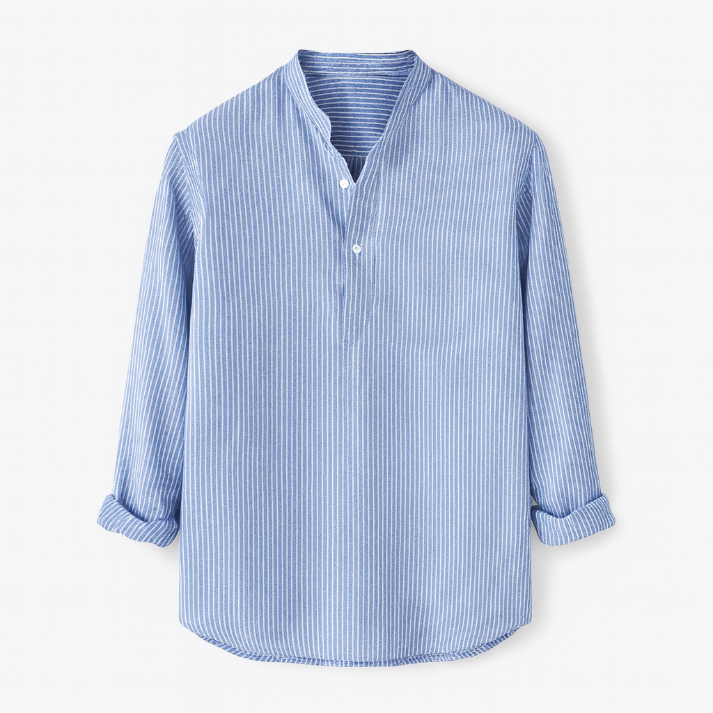 A long-sleeve shirt with a band collar and a partial button placket.