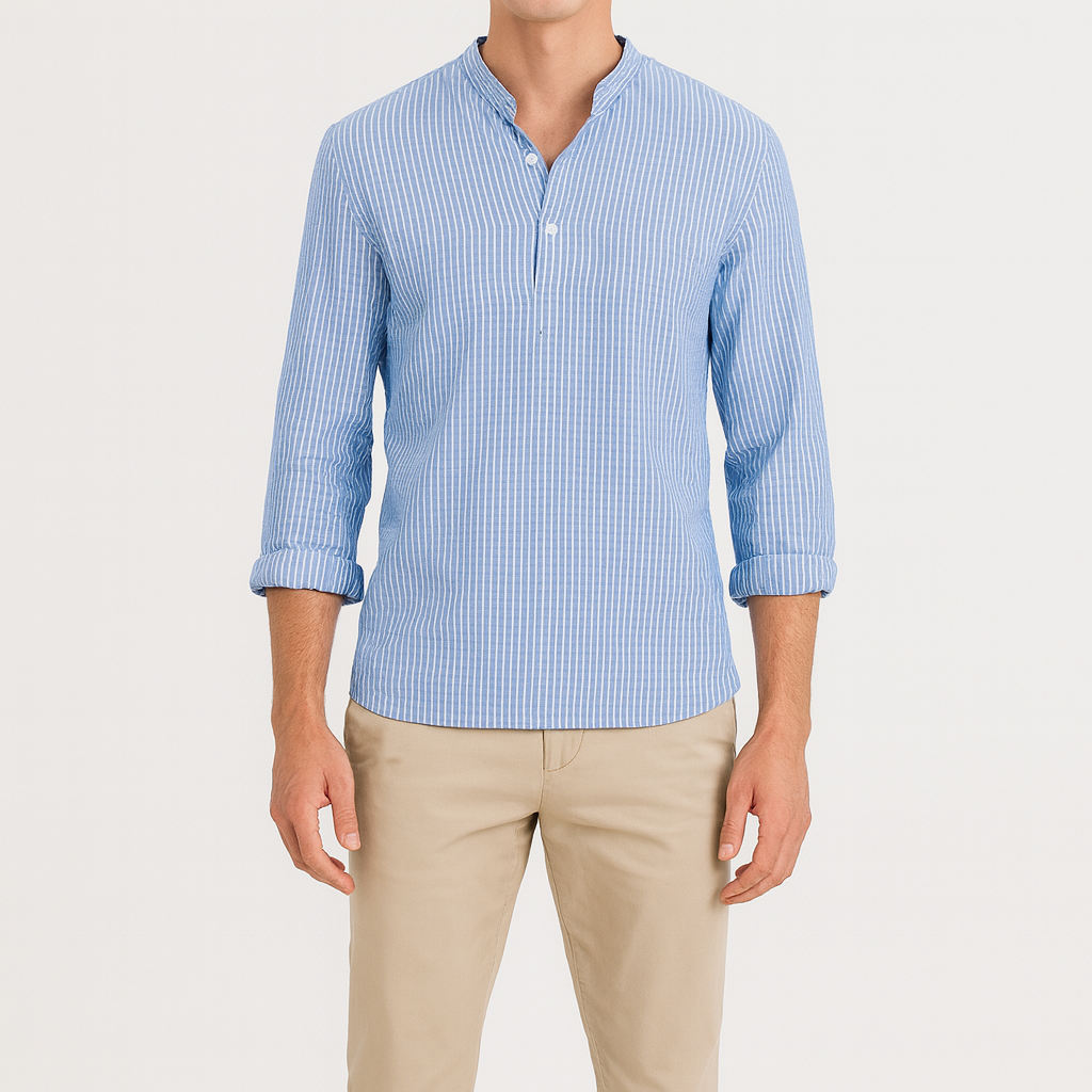 A long-sleeve shirt with a band collar and a partial button placket.
