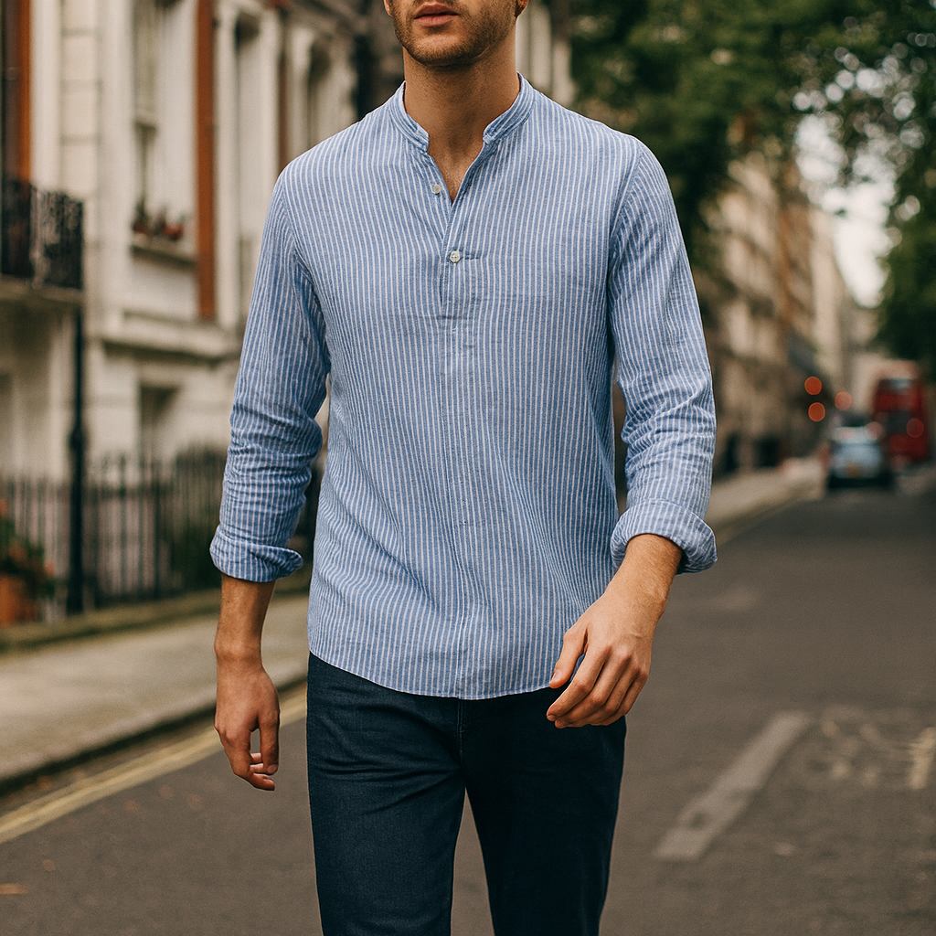 A long-sleeve shirt with a band collar and a partial button placket.