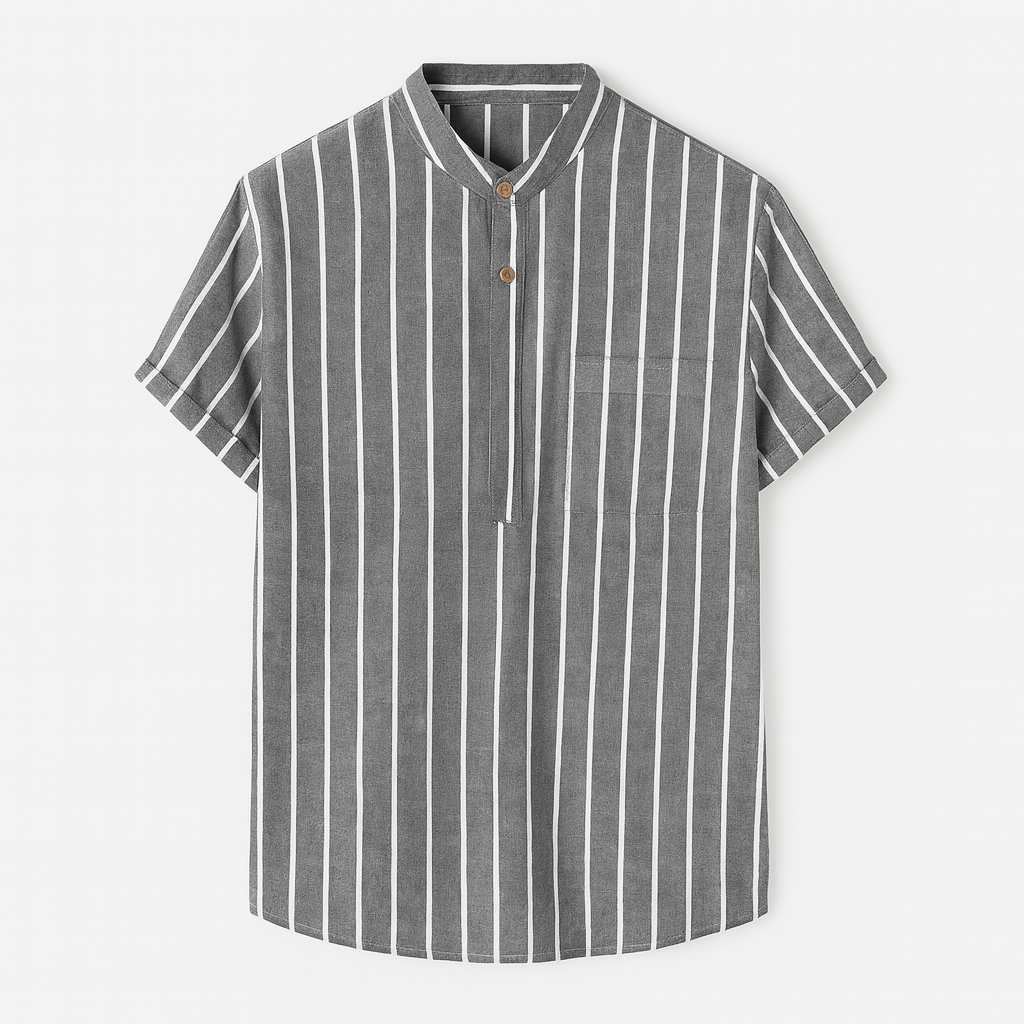A short-sleeve shirt with a band collar and a partial button placket.