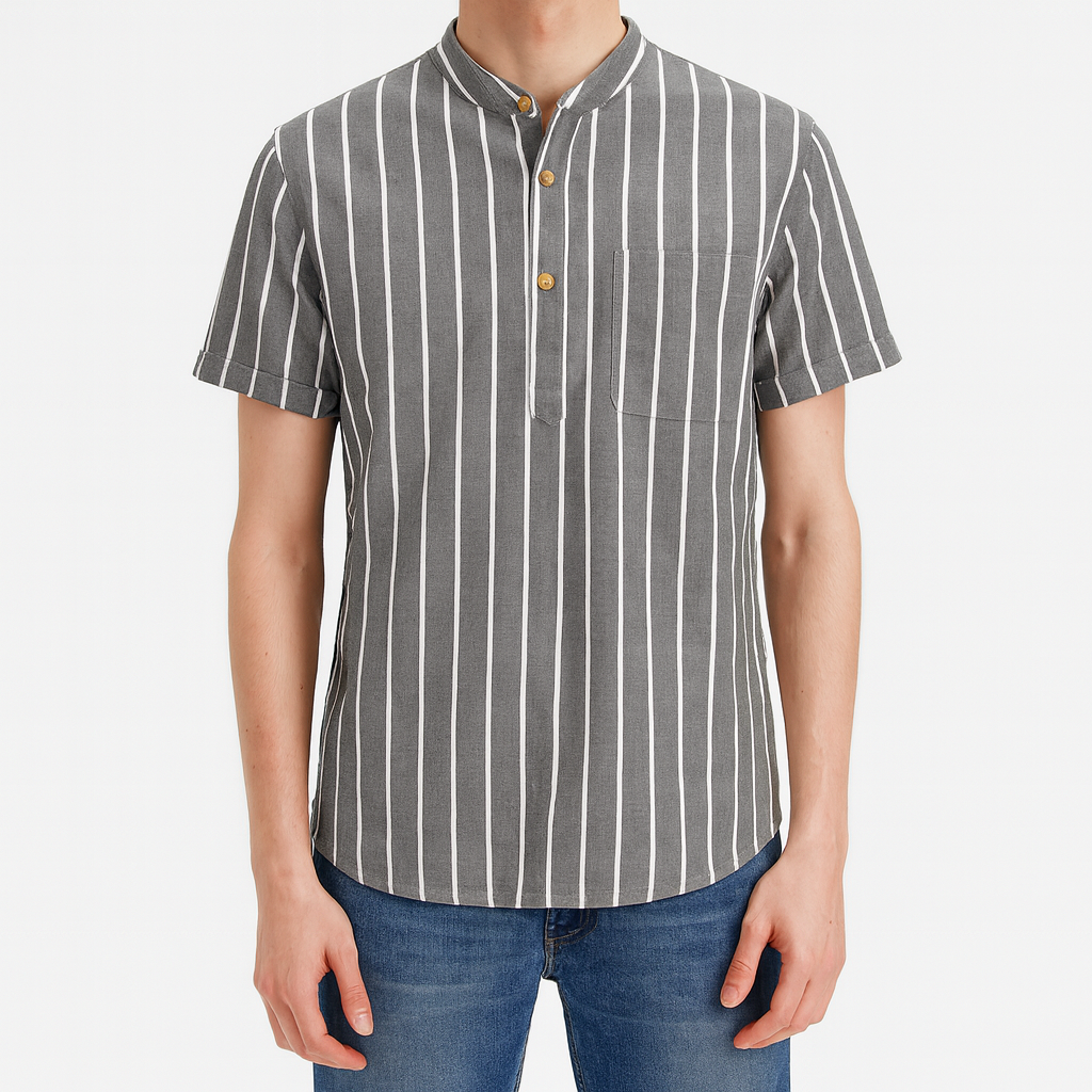 A short-sleeve shirt with a band collar and a partial button placket.
