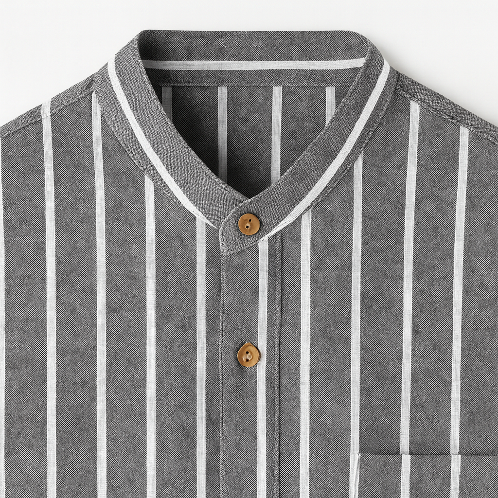 A short-sleeve shirt with a band collar and a partial button placket.