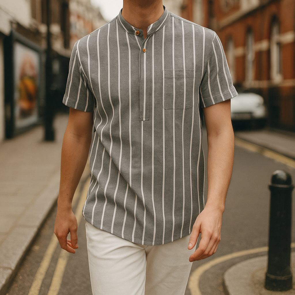 A short-sleeve shirt with a band collar and a partial button placket.