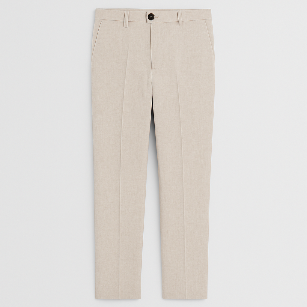 Slim-fit trousers with belt loops, side pockets, and a front crease detail.