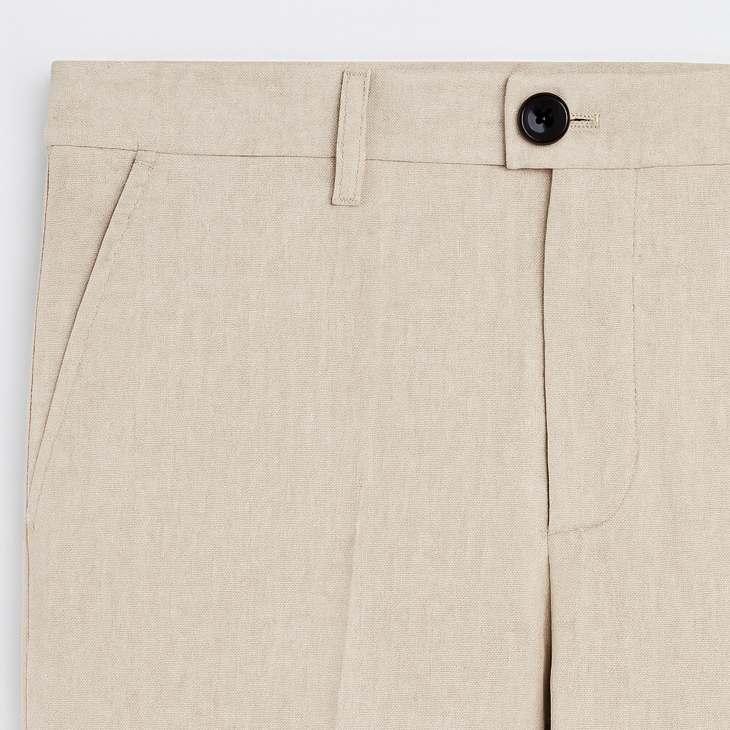 Slim-fit trousers with belt loops, side pockets, and a front crease detail.