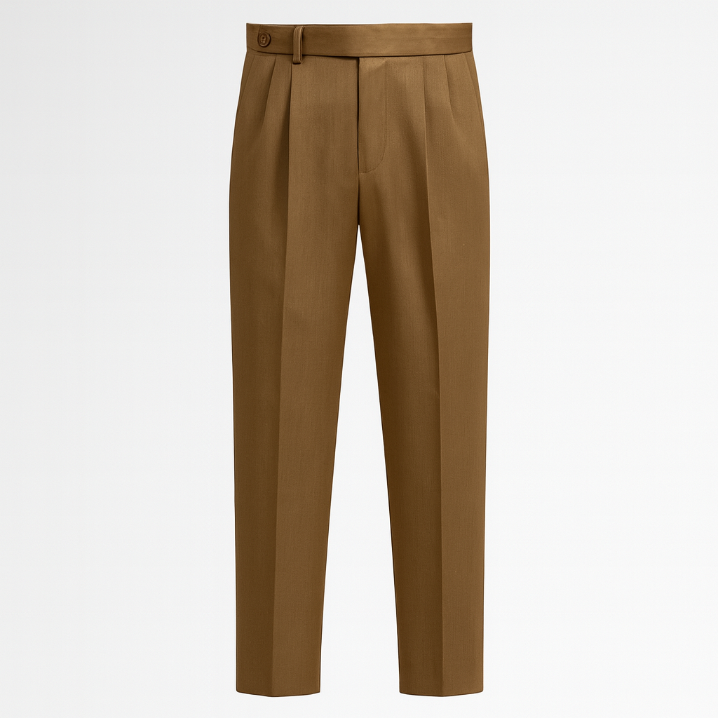 Tailored trousers with front pleats, a high waist featuring a side buckle detail, and tapered legs.