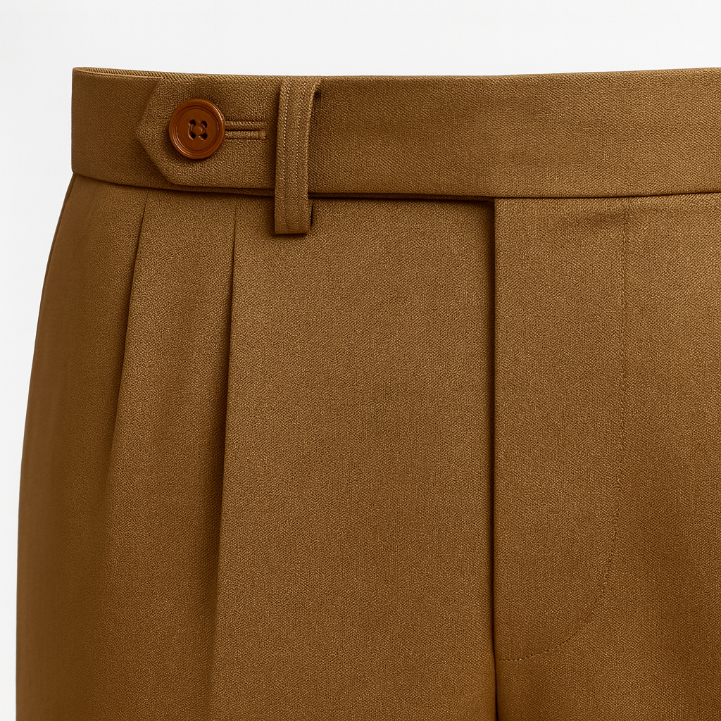 Tailored trousers with front pleats, a high waist featuring a side buckle detail, and tapered legs.