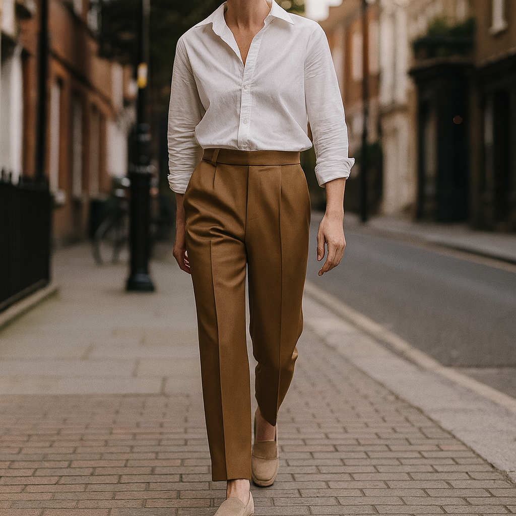 Tailored trousers with front pleats, a high waist featuring a side buckle detail, and tapered legs.