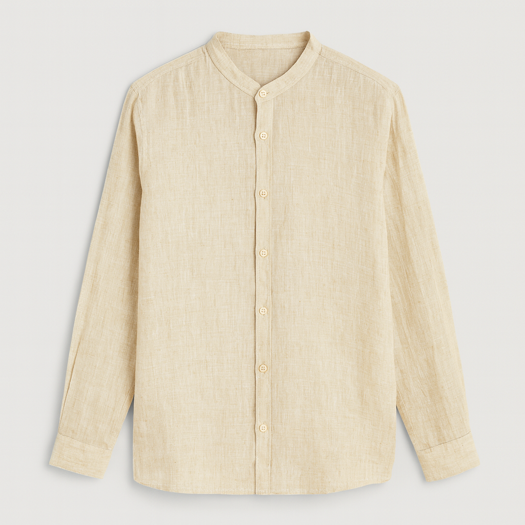 Light khaki linen shirt with a band collar and button closure.