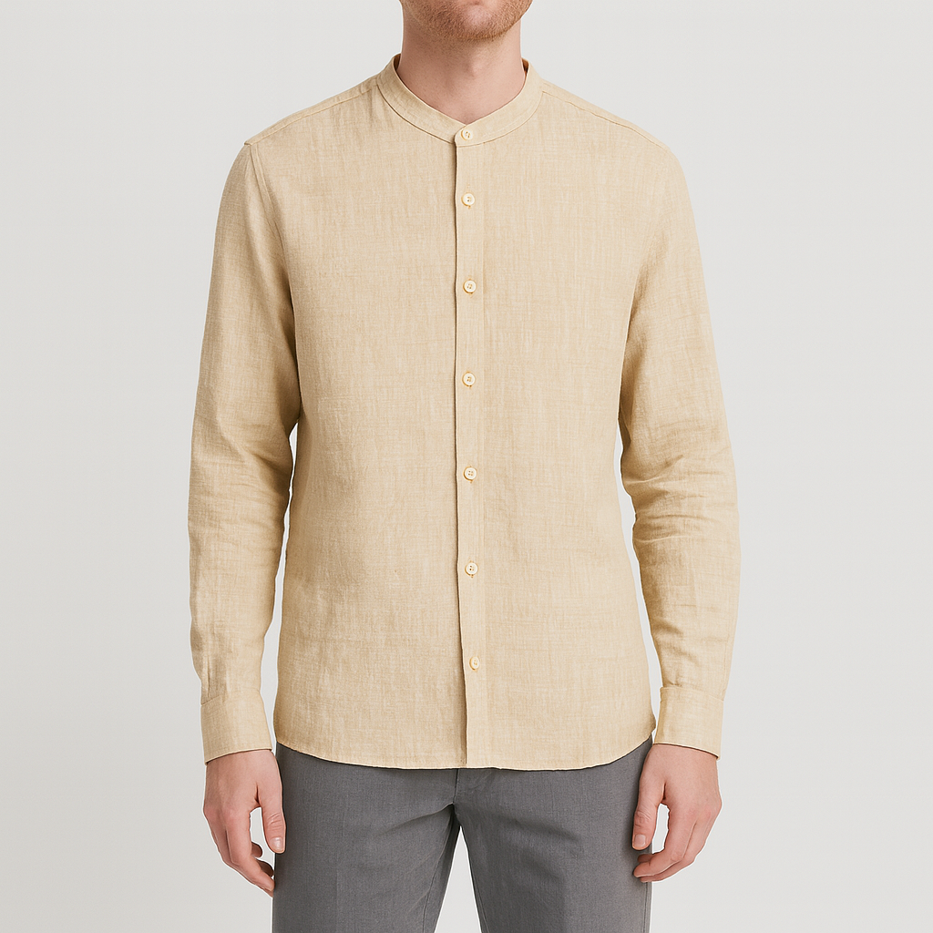 Light khaki linen shirt with a band collar and button closure.