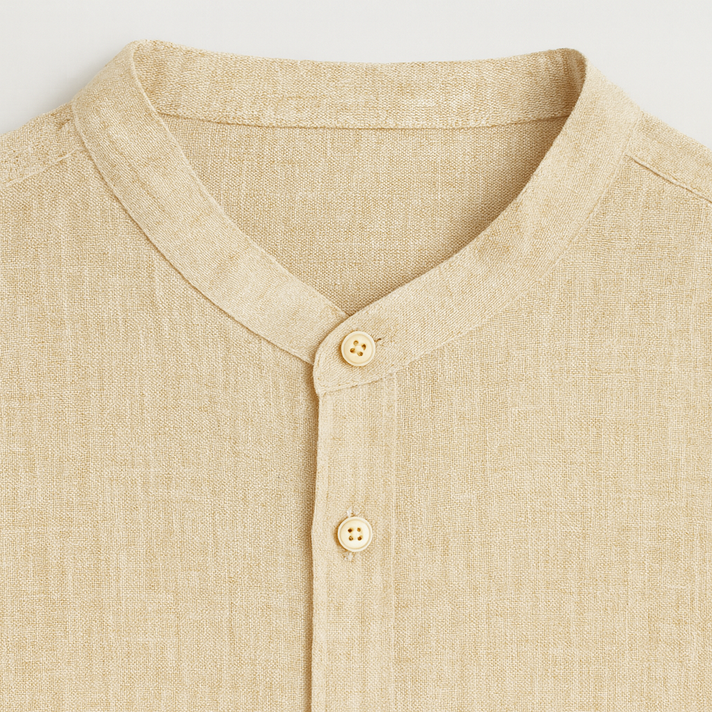 Light khaki linen shirt with a band collar and button closure.