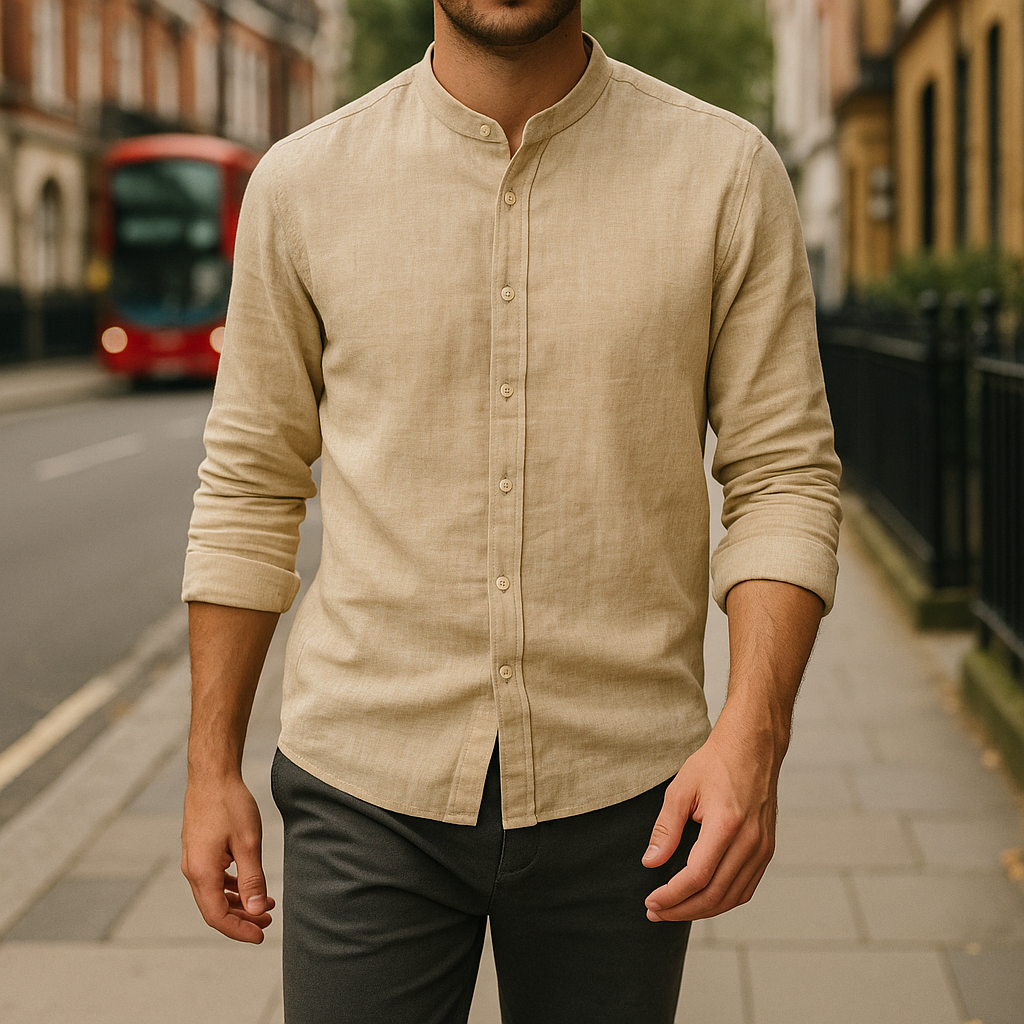 Light khaki linen shirt with a band collar and button closure.