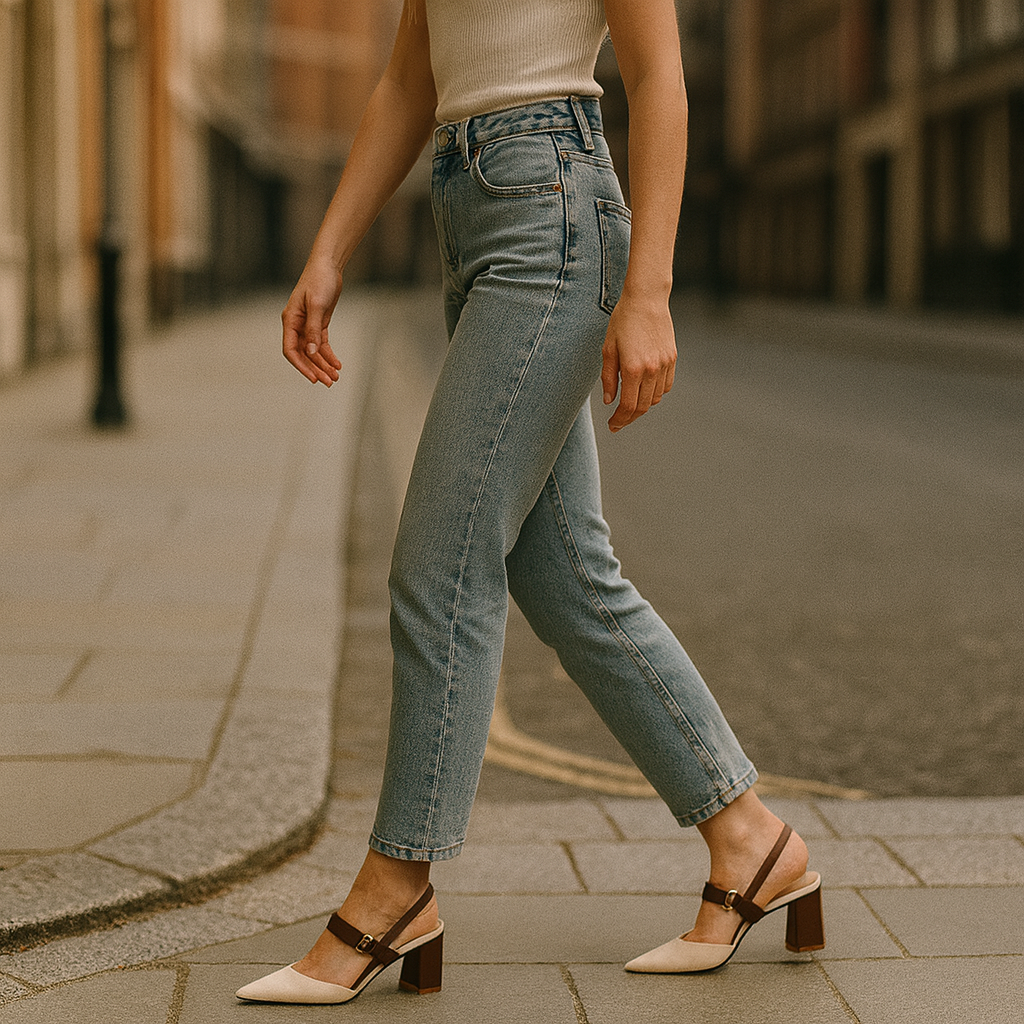 Chic slingback block-heel shoe featuring a pointed toe, dual-tone design, and gold buckle accent.