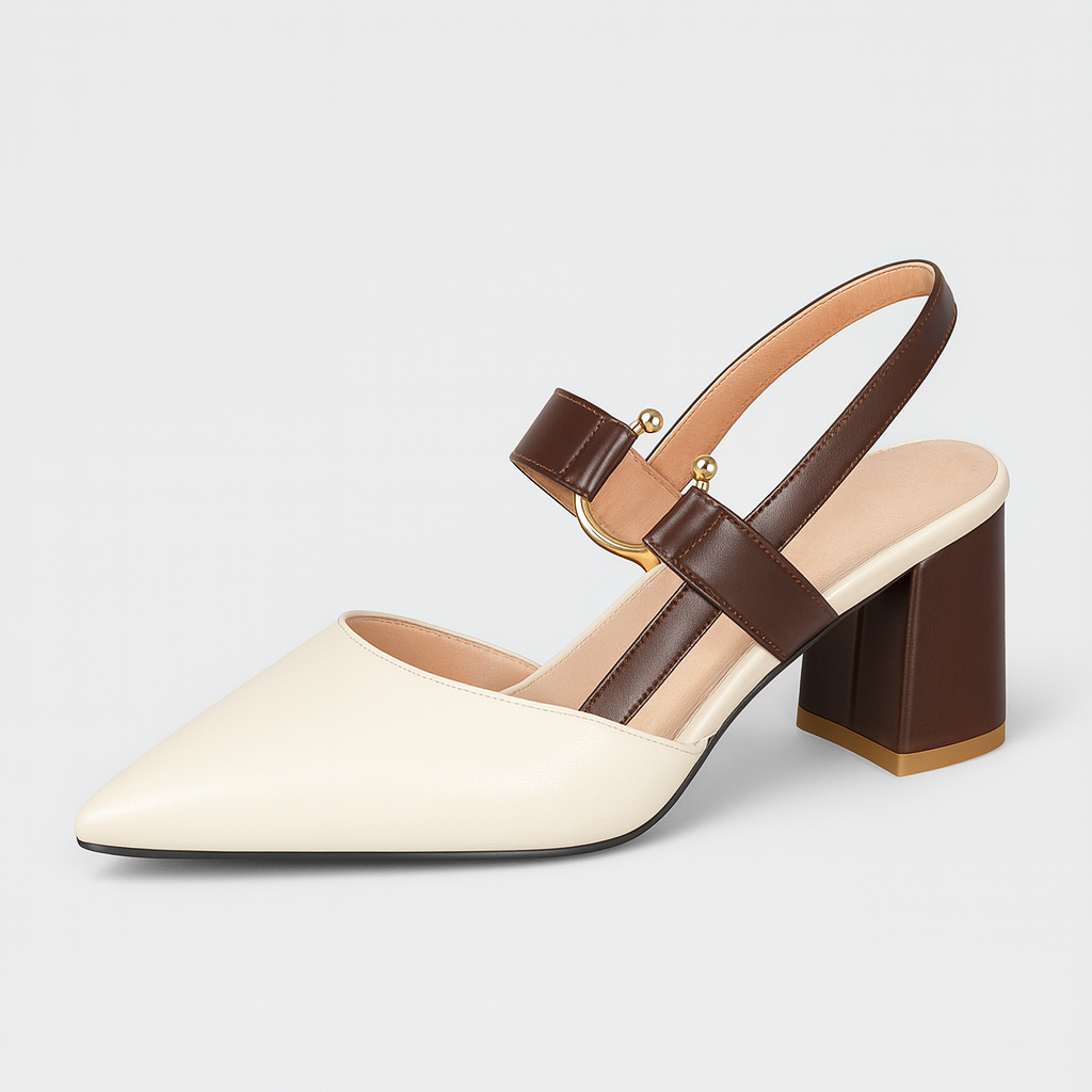 Chic slingback block-heel shoe featuring a pointed toe, dual-tone design, and gold buckle accent.