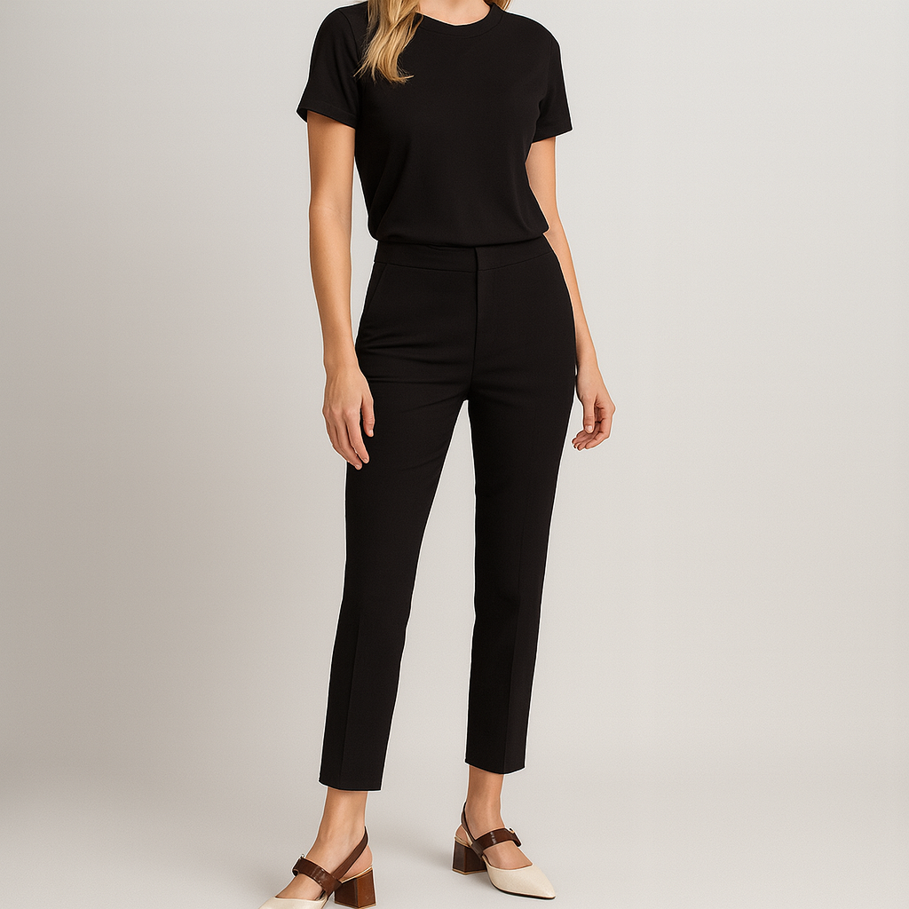 Chic slingback block-heel shoe featuring a pointed toe, dual-tone design, and gold buckle accent.