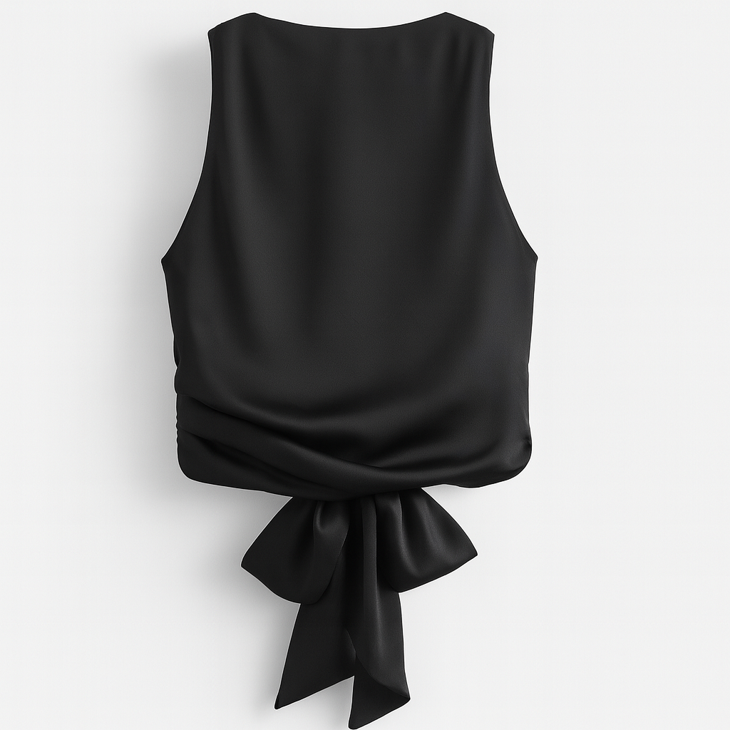 Elegant sleeveless satin top featuring a back tie detail and gathered waist design.