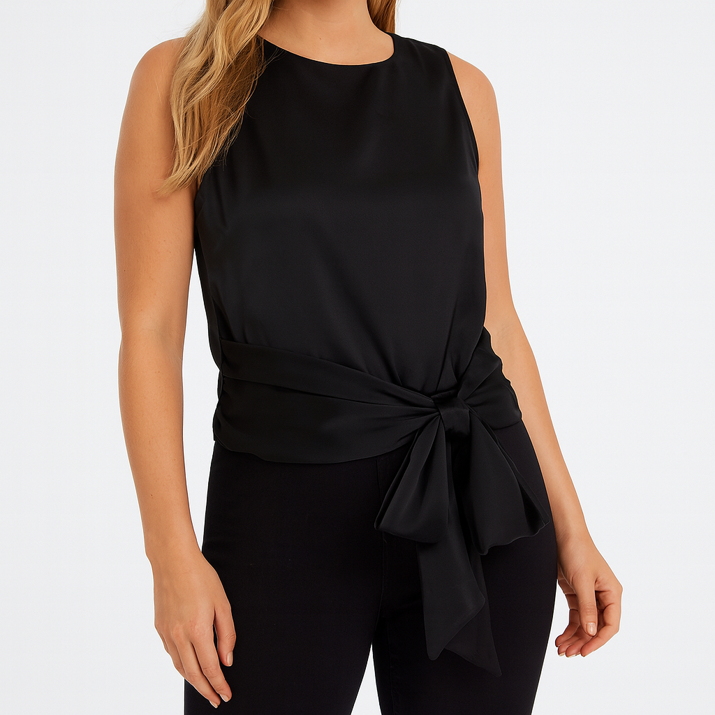 Elegant sleeveless satin top featuring a back tie detail and gathered waist design.