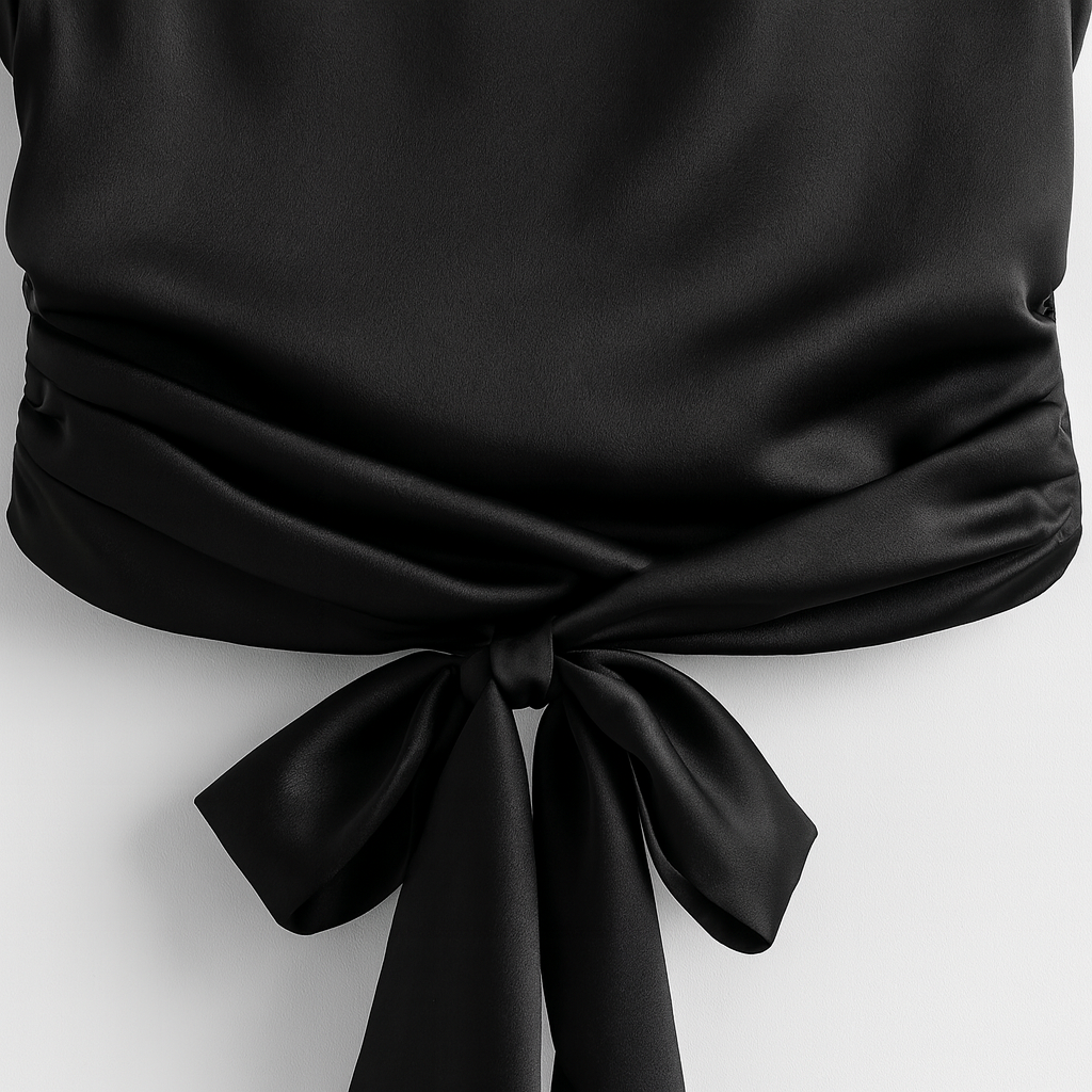 Elegant sleeveless satin top featuring a back tie detail and gathered waist design.
