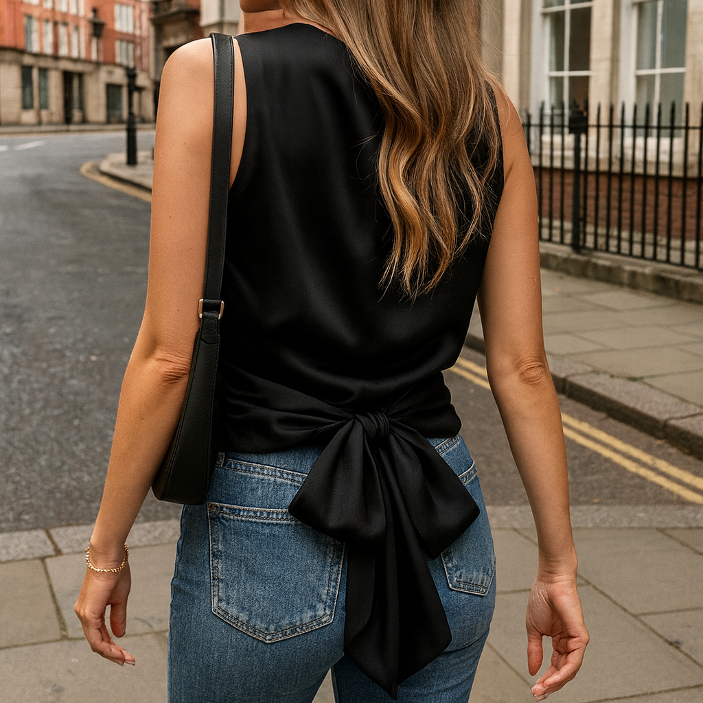 Elegant sleeveless satin top featuring a back tie detail and gathered waist design.