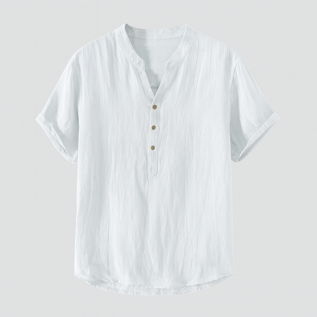 A short-sleeve shirt with a band collar and a partial button placket.