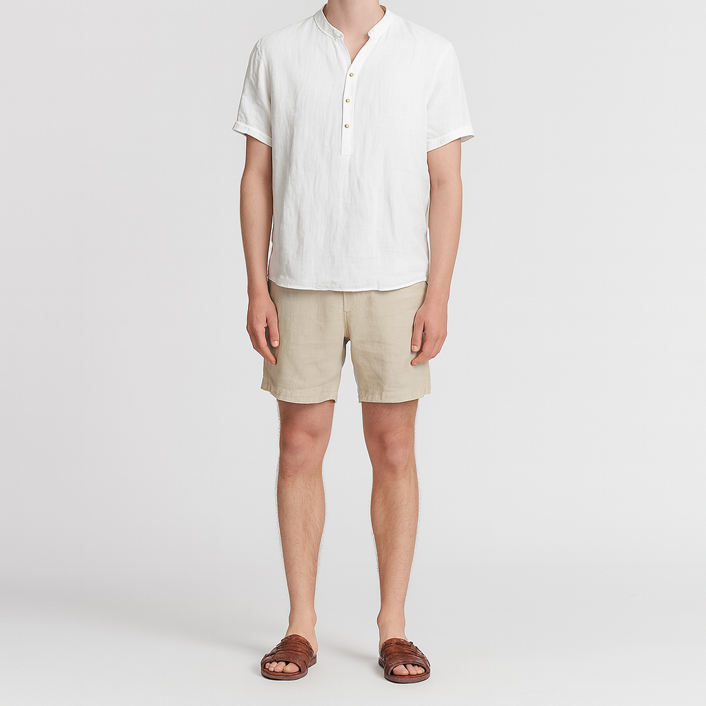 A short-sleeve shirt with a band collar and a partial button placket.