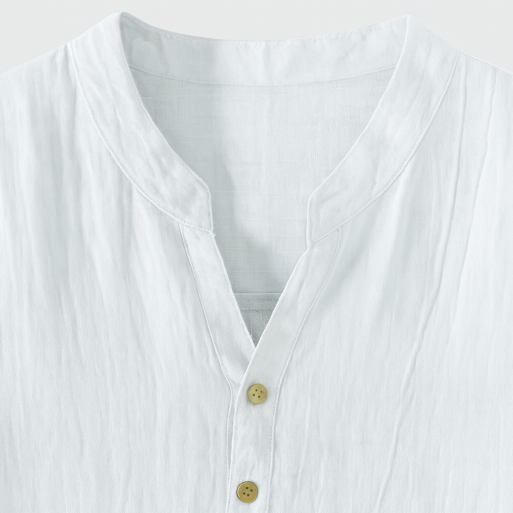 A short-sleeve shirt with a band collar and a partial button placket.