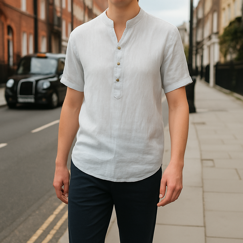 A short-sleeve shirt with a band collar and a partial button placket.