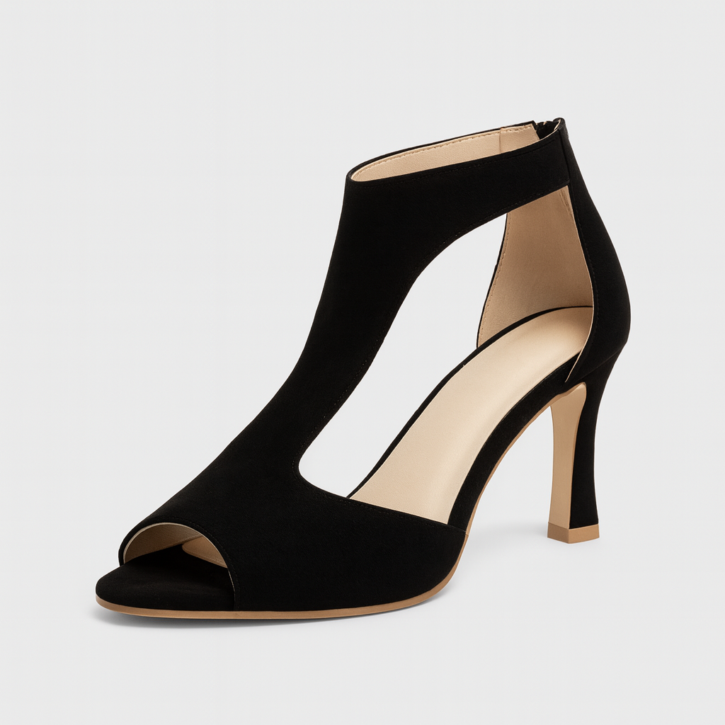 Elegant high-heel shoe with a peep toe, cutout design, and ankle-high silhouette.