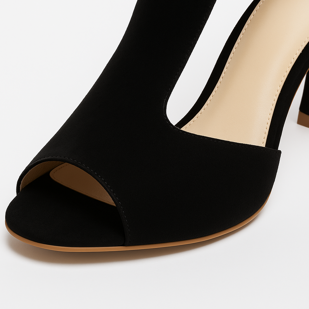 Elegant high-heel shoe with a peep toe, cutout design, and ankle-high silhouette.