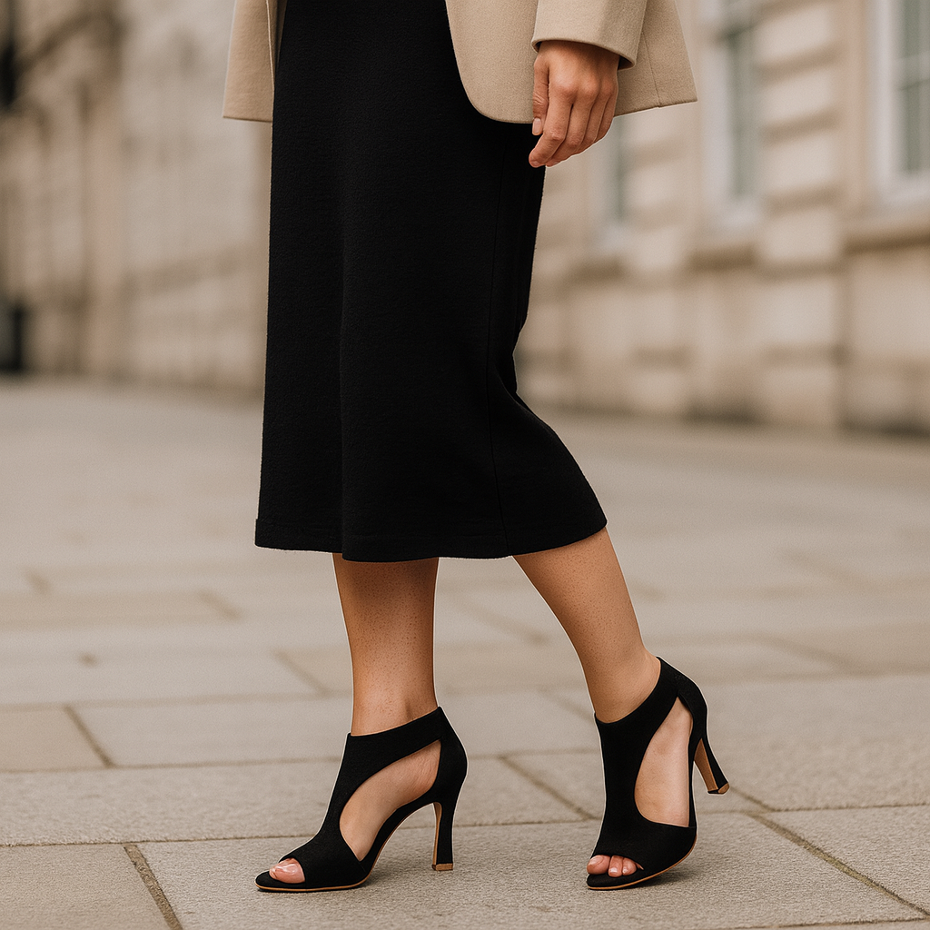 Elegant high-heel shoe with a peep toe, cutout design, and ankle-high silhouette.