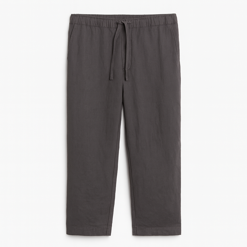 Relaxed-fit pants with an elastic waistband, drawstring tie, and straight legs.