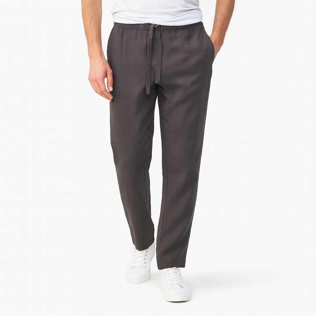 Relaxed-fit pants with an elastic waistband, drawstring tie, and straight legs.
